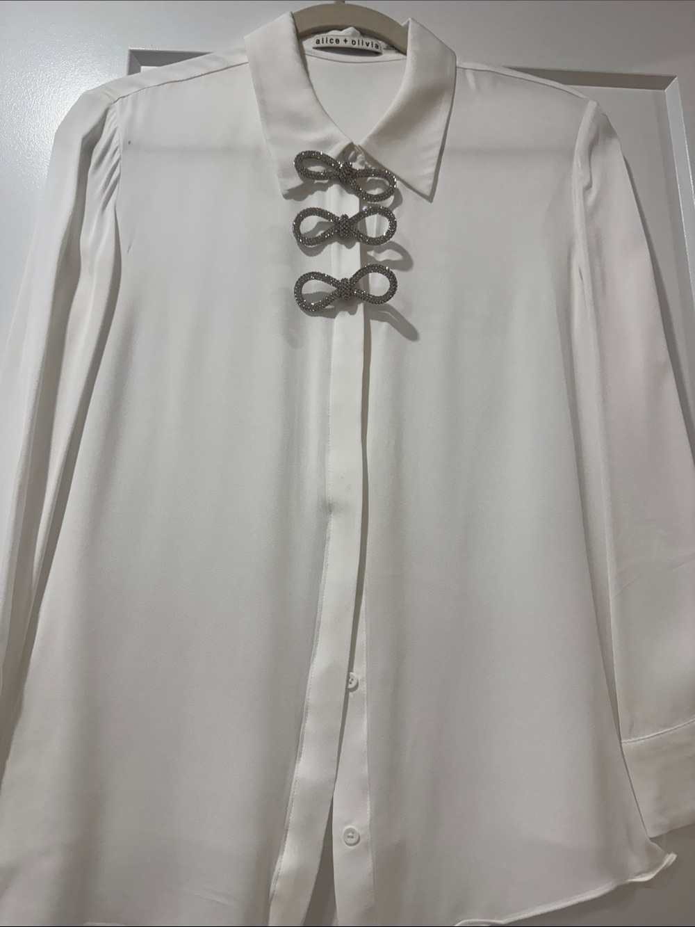 Alice + Olivia White Silk-Look Button Front Blouse with Crystal Bow Closures